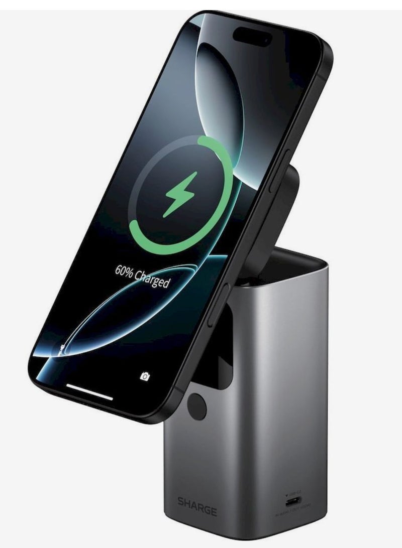 شارج بنك الطاقة SHARGE StandMag بسعة 15000 مللي أمبير في الساعة، شحن سريع بقوة 100 واط عبر منفذ USB-C PD، شحن لاسلكي مغناطيسي بمعيار Qi2، شاشة ذكية وحامل قابل للتعديل، لون أسود - Image 4